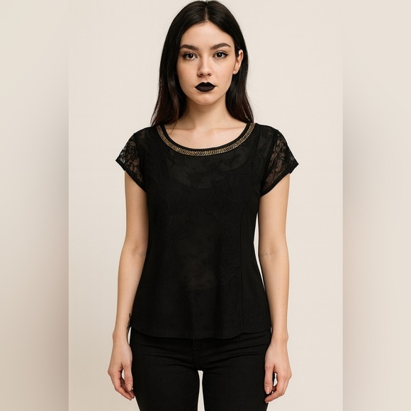 B. Envied Women’s Black Sheer Lace Top Size M Gold Chain Crew Neck Goth Grunge - Picture 1 of 10